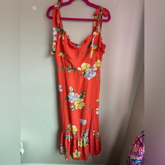 Lulu’s Forever Floral Orange Floral Print Tie-Strap Slit Ruched  Maxi Dress XL - Picture 2 of 11